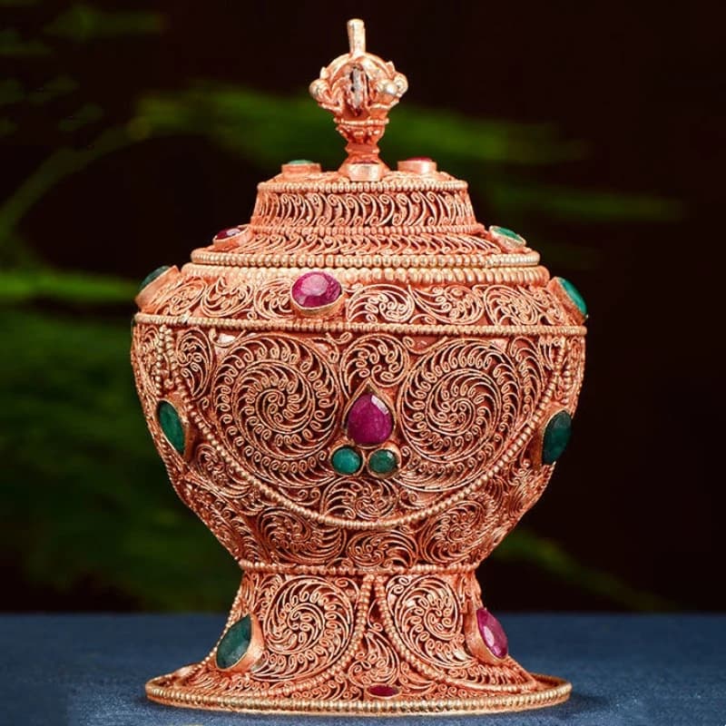 Trône bouddhiste, boîte de riz Tantra tibétain artisanale en cuivre avec pierres précieuses incrustées