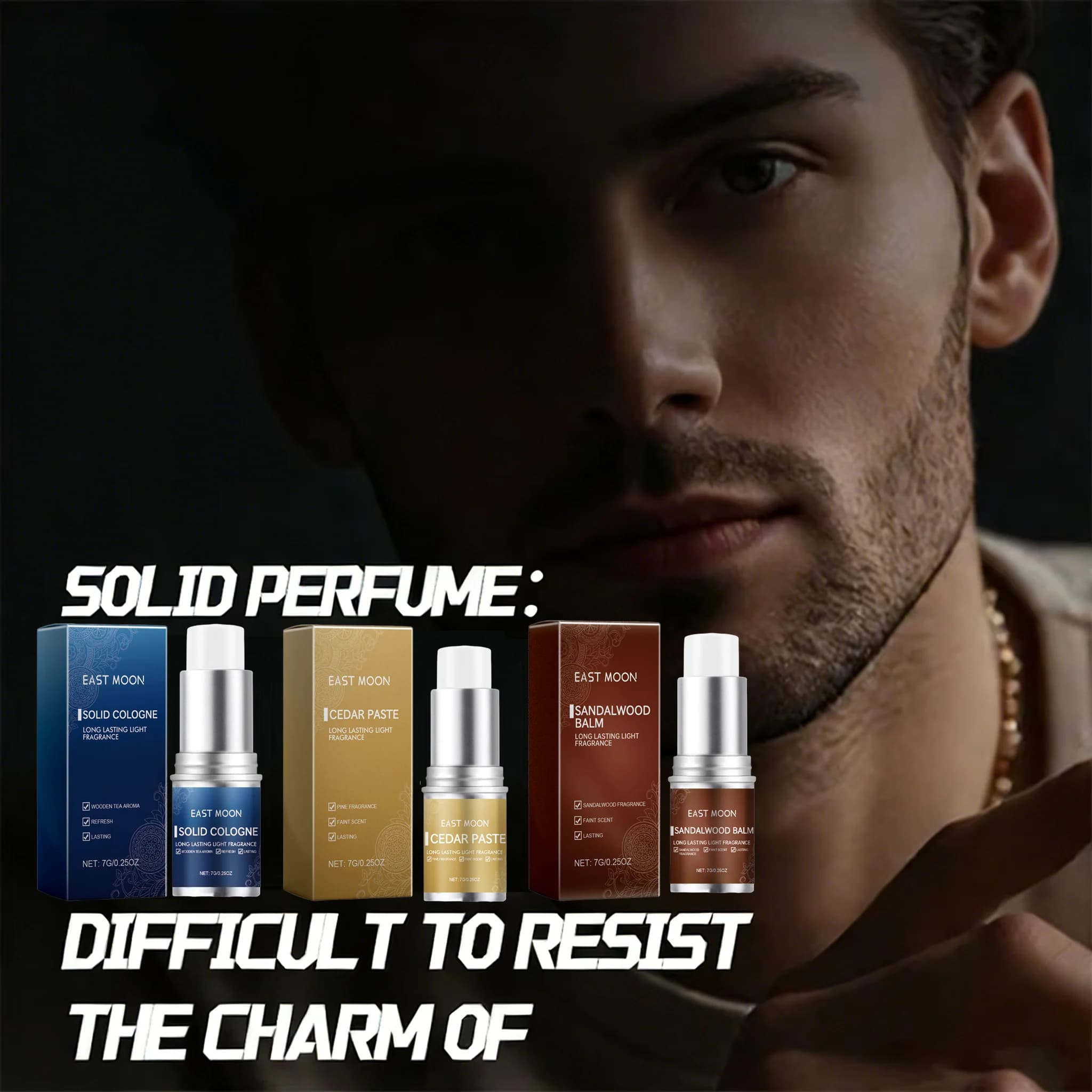 3Scents Cologne solide pour homme, Cologne fraîche longue durée, Phéromones, Parfum, Déodorant pour homme, Parfum boisé portable, Baume parfumé solide