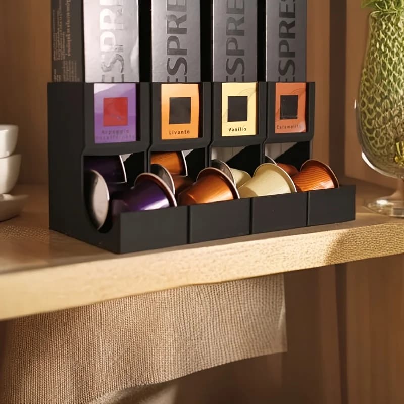 Support de rangement pour capsules de café Nespresso avec compartiments superposés et emplacements pour étiquettes