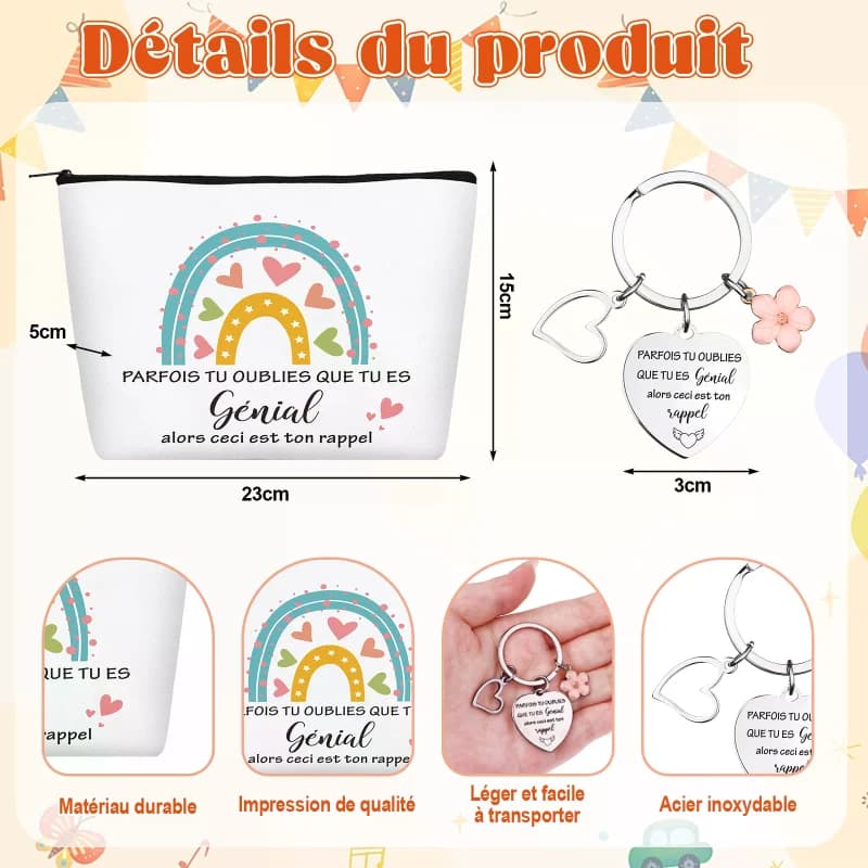 Ensemble de cadeaux d'appréciation pour collègue inspirant français, comprend un porte-clés inspirant, trousse de maquillage de toilette arc-en-ciel