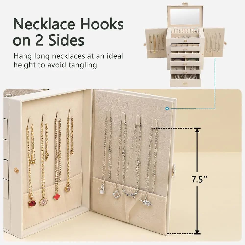Grande boîte à bijoux pour femmes, organiseur de bijoux en cuir avec miroir et serrure, boîte de rangement à bijoux à 6 niveaux pour filles/femmes/mères