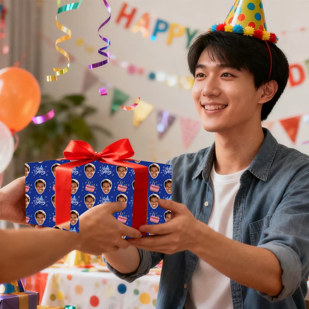 Papier d'emballage facial personnalisé pour anniversaire, fournitures d'emballage sur le thème du joyeux anniversaire, fournitures d'emballage pour cadeaux de fête