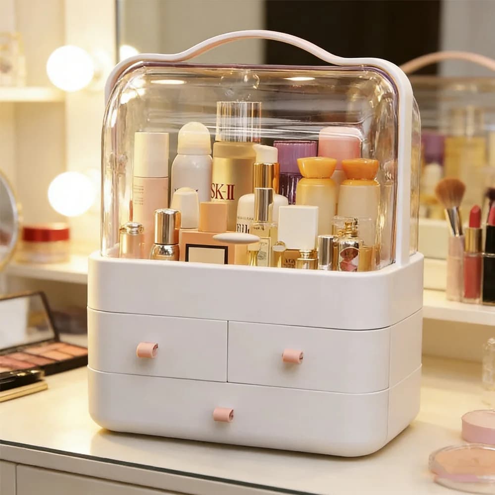 Boîte de rangement pour maquillage anti-poussière, organiseur cosmétique avec tiroirs, plateau de vanité de bureau pour rouge à lèvres, masque, bijoux
