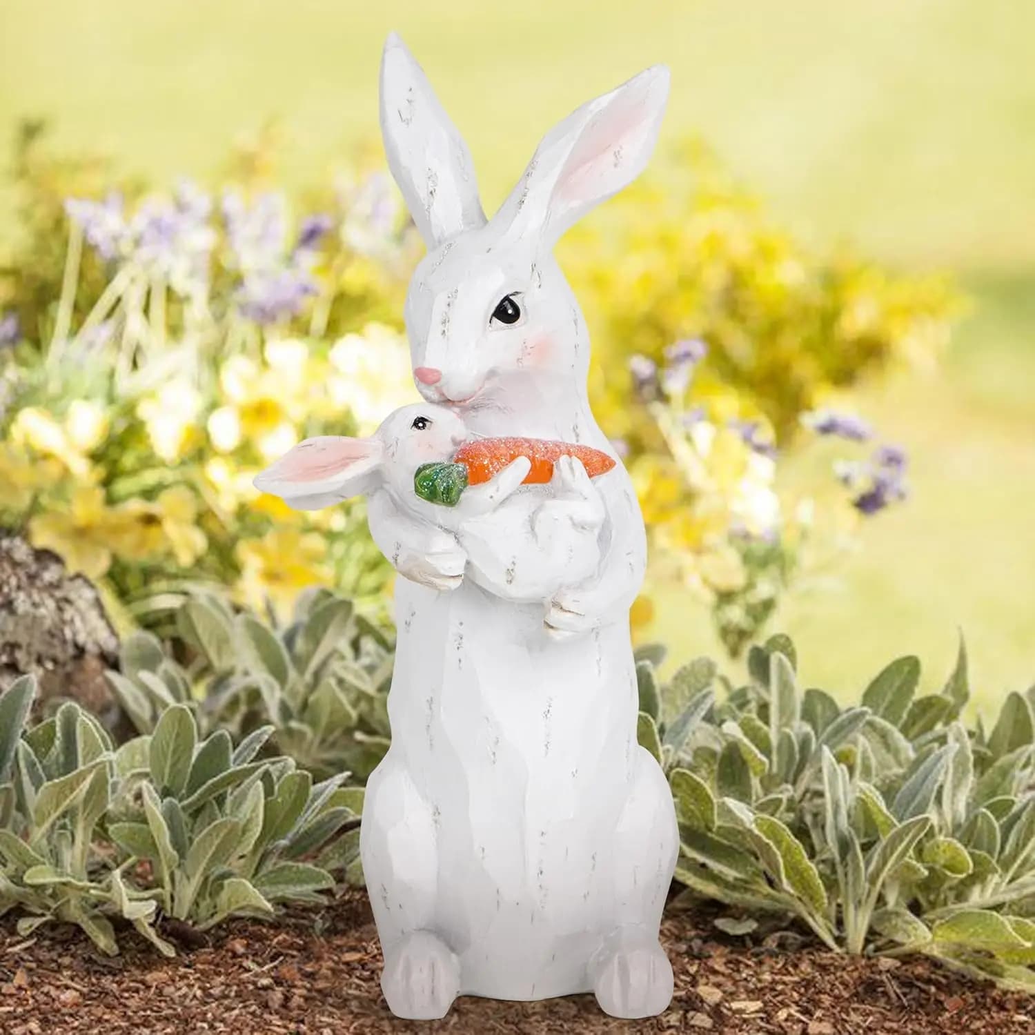 Décorations de lapin de pâques sculptées à la main en bois blanc mère et bébé lapin décorations d'intérieur de printemps pour cadeaux de pâques