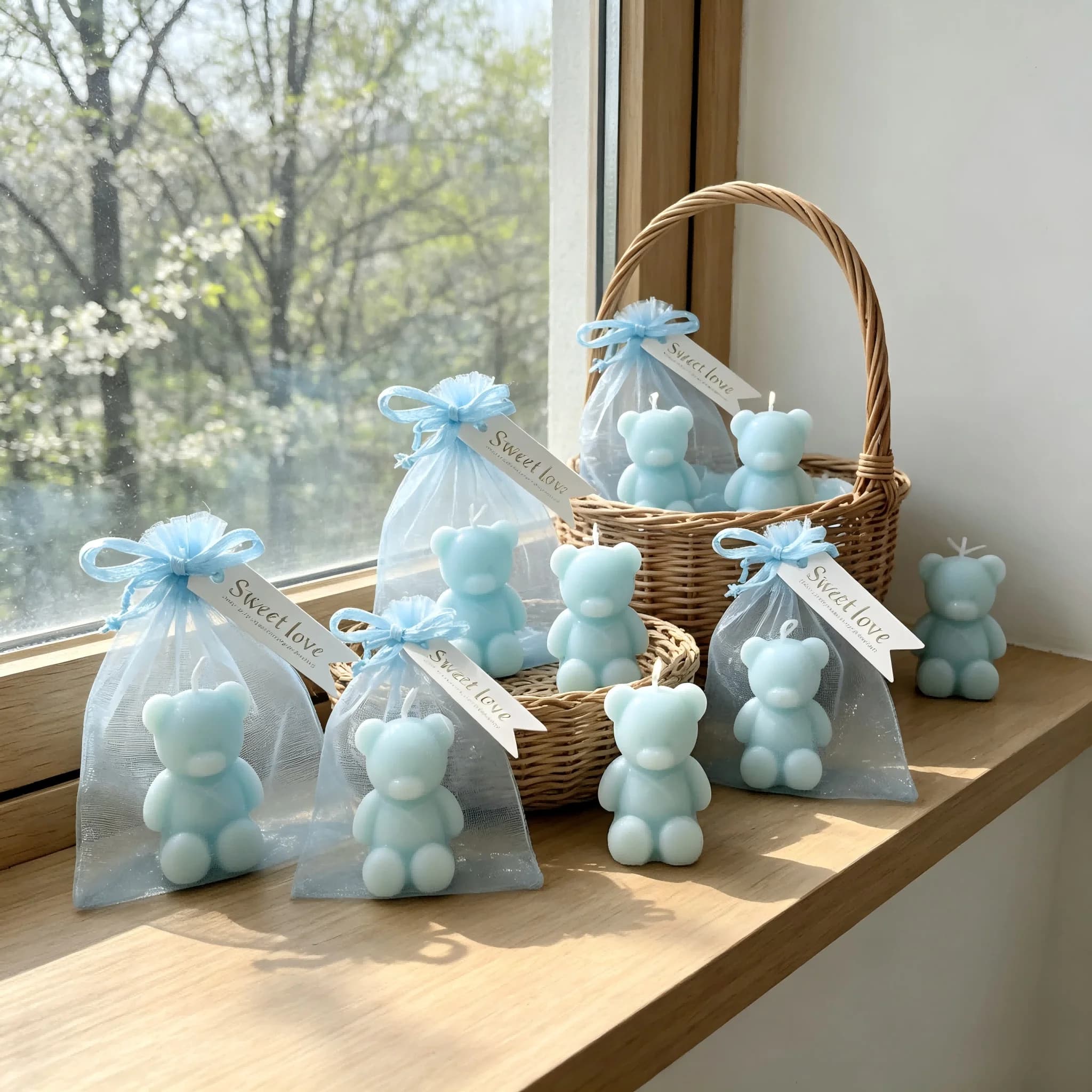 10 Kits de Bougies Souvenirs Ours Bleus Mignons, Cadeaux Tout-en-un pour Baptême, Fête Prénatale, Fiançailles