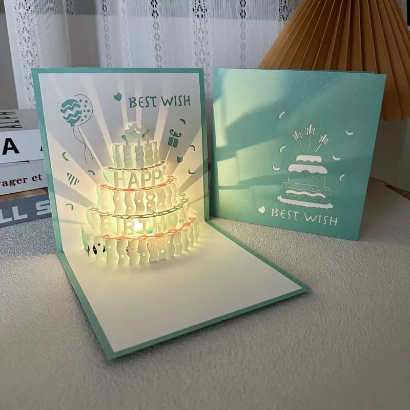 Carte d'anniversaire bleue de printemps, gâteau musical fait à la main, stéréoscopique 3D creux, cadeau haut de gamme pour fournitures festives d'anniversaire pour amis