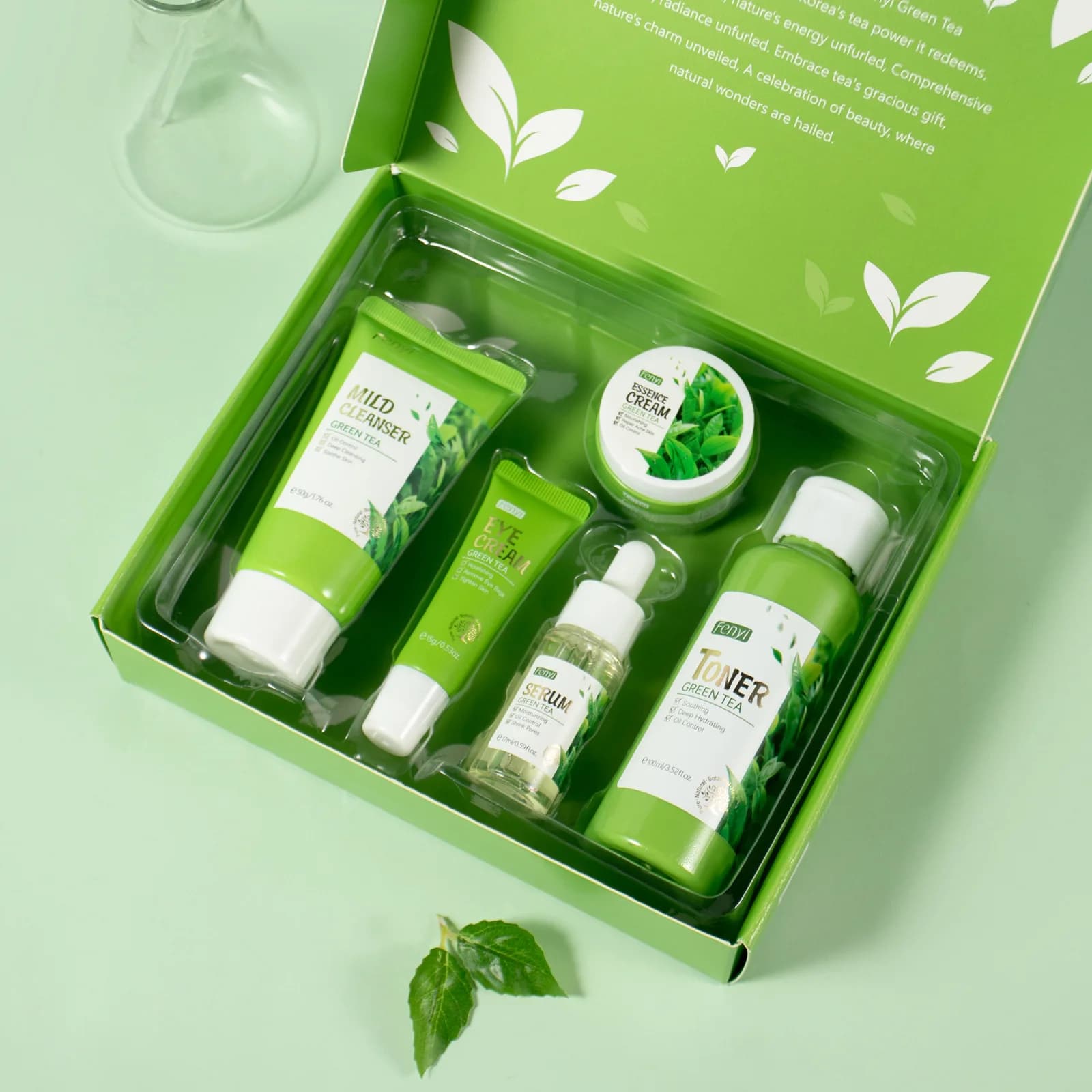 Ensemble de soins de la peau 5 pièces/boîte, nettoyant visage au thé vert, apaise la peau, tonique visage, sérum au thé, crème hydratante, crème réparatrice pour les yeux