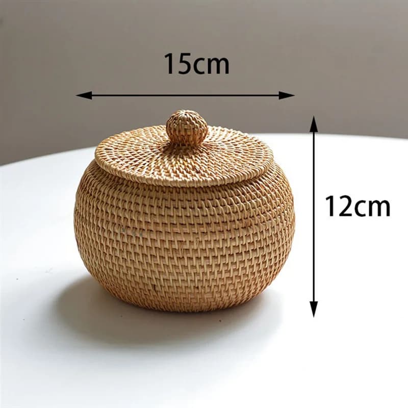 Boîte ronde en rotin avec couvercle, boîte de rangement tissée à la main, panier de rangement multifonctionnel en escalier de bureau, décoration pour la maison