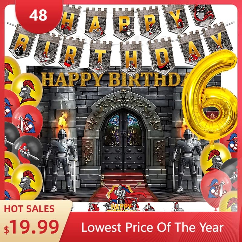 Château médiéval chevalier blindé fête d'anniversaire ballon bannière fond gâteau Topper bébé douche décor fournitures cadeau Photo accessoires