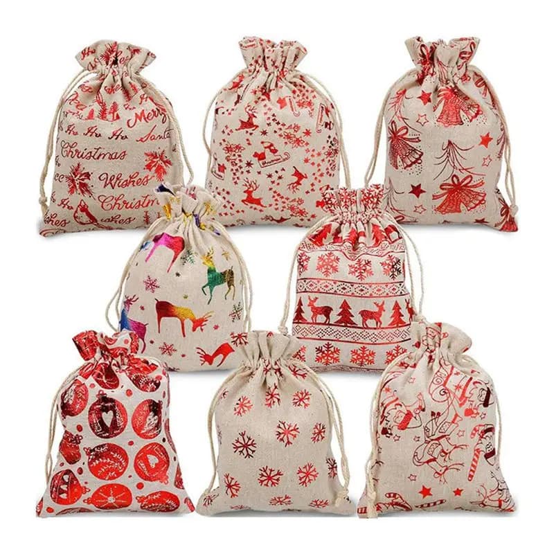 ABKW-80Pcs sacs cadeaux de noël à cordon de serrage toile de jute, pochette cadeau sacs Goody pour emballage de bonbons cadeau fournitures de cadeaux de fête de noël