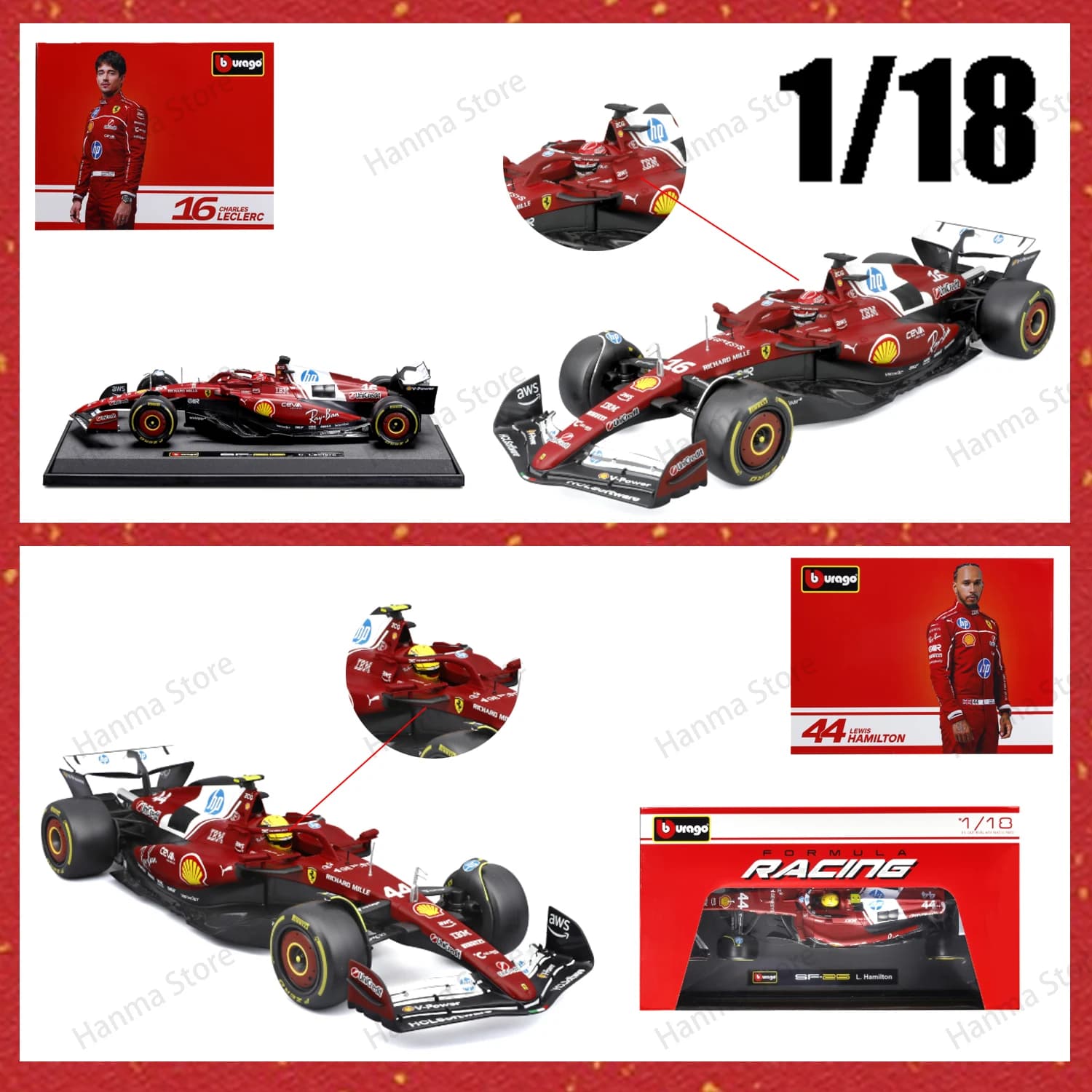 Bburago 1:18 Ferrari 2025 F1 Sf-25 Hamilton # 44 Leclerc # 16 Modèles de voitures miniatures en alliage moulé sous