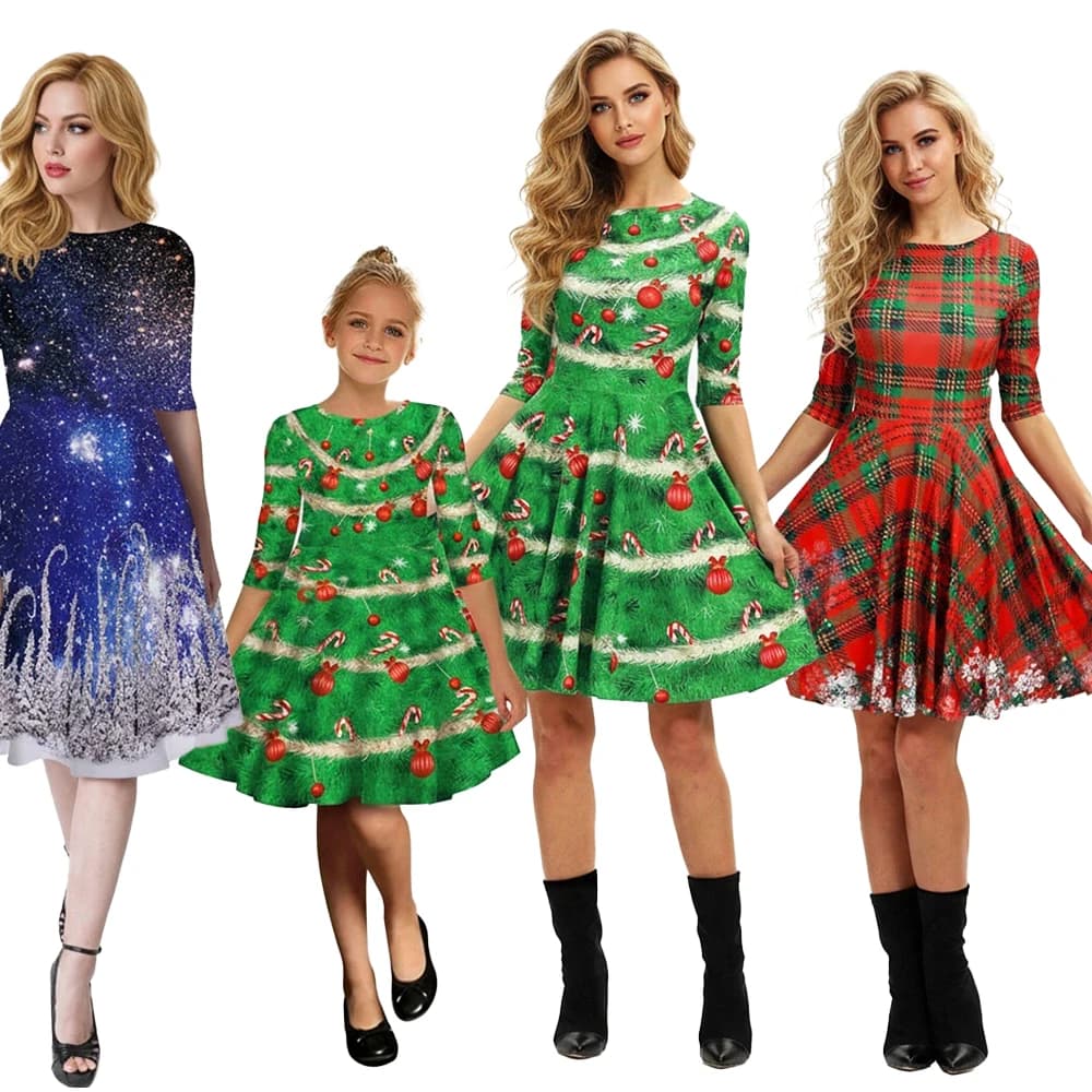 Robe de noël pour femmes, tenue sur le thème de l'arbre de noël, impression numérique 3D, motif à carreaux ciel étoilé, jupe évasée, robe de maison décontractée