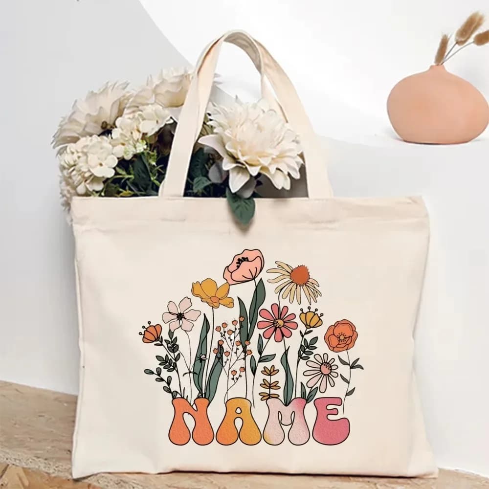 Sac fourre-tout personnalisé avec fleur et nom pour femme, sacs à bandoulière en toile, sac de shopping monogrammé, sacs à main, cadeaux d'anniversaire et de mariage pour elle