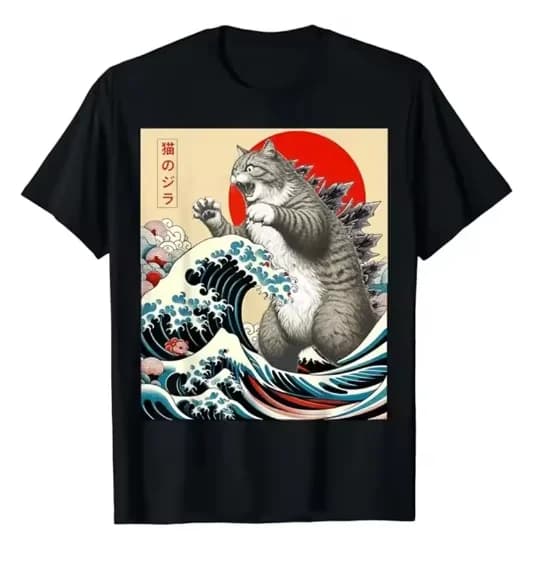 Art japonais Catzilla chat drôle chat cadeaux pour femmes T-Shirt unisexe coton T-Shirt haut col en o t-shirts mode Fitness T-Shirt