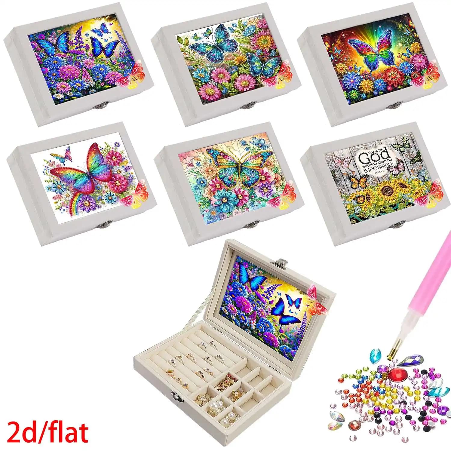 Un coffret à bijoux avec peinture diamant coloré DIY, avec des motifs floraux et papillons colorés, une boîte de rangement portable.