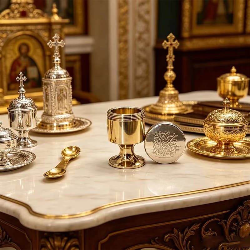 Nouveau Calice de Voyage Orthodoxe 2026 avec Cuillère, Mini Pot à Huile Sacrée en Métal Doré/Argenté, Ensemble de Communion Portable, Cadeau Religieux Chrétien