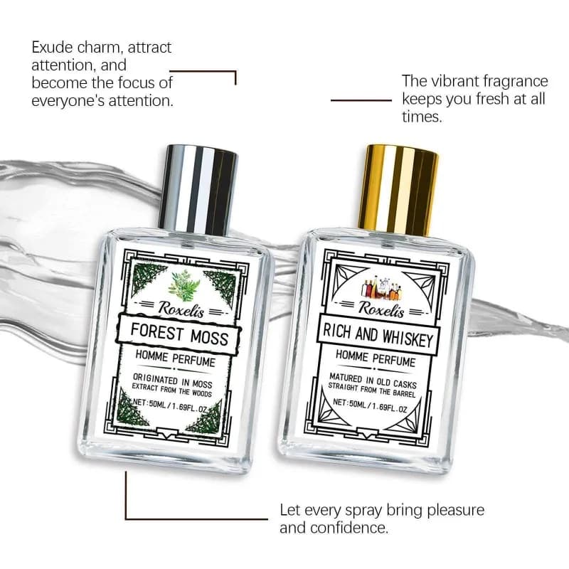 Parfum pour homme Roxelis, senteur bois de Gulong, forêt fraîche, élégant, doux, persistant, charmant, délicat