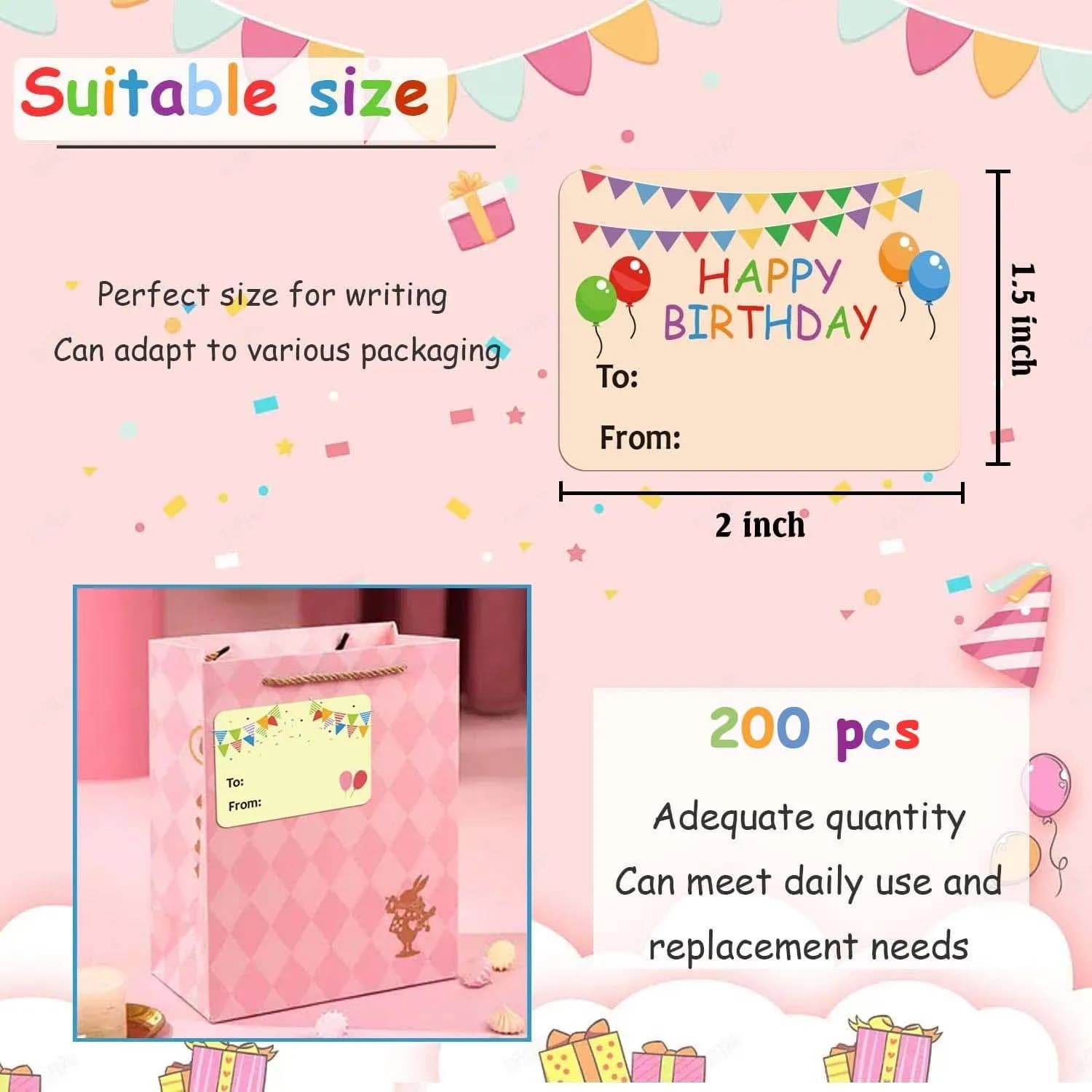 200 étiquettes autocollantes Joyeux Anniversaire, étiquettes nominatives, 1,5 x 2 pouces - Étiquettes rectangulaires de Noël pour cadeaux