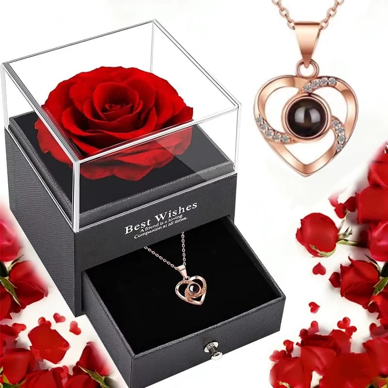 Cadeaux pour la fête des mères, collier de projection avec boîte cadeau de luxe en forme de rose, 100 langues, « Je t'aime », pendentif en forme de cœur, nouveau romantique 2026