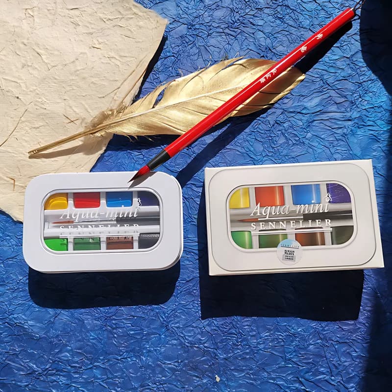 Sennelier Aqua French Artist Mini Boîte D.lique avec Brosse, Interconnexion de 8 Documents, Peinture Portable de Voyage, Fournitures d'Art