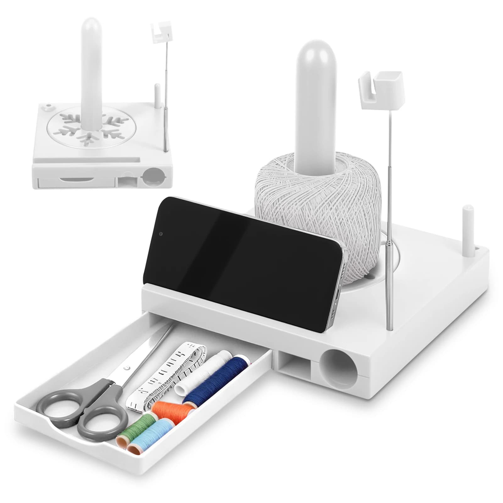 Boîte à bobines de fil polyvalente, caddie Portable au Crochet, organisateur de fil, boîte à bobines avec tiroir inférieur et support de téléphone pour les amateurs de tricot