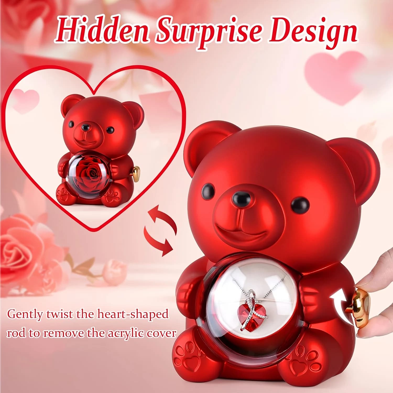 Boîte cadeau ours en peluche avec rose, boîte à bijoux avec espace caché pour bague ou boucles d'oreilles, bijoux non inclus, pour la fête des mères, anniversaire