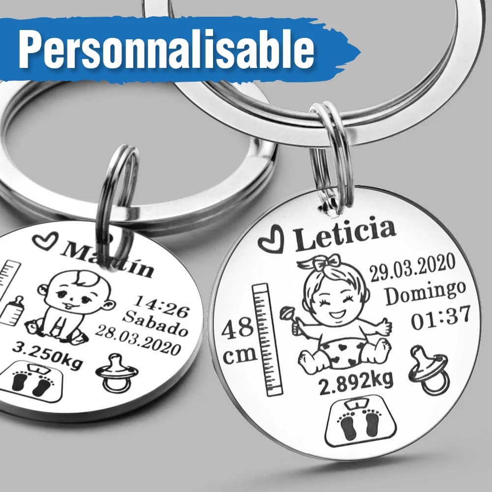 Porte-clés personnalisé pour bébé, garçons et filles, nom de naissance, poids, nouveau-né, commémorer pour nouvelle maman, papa, cadeau, P026_C