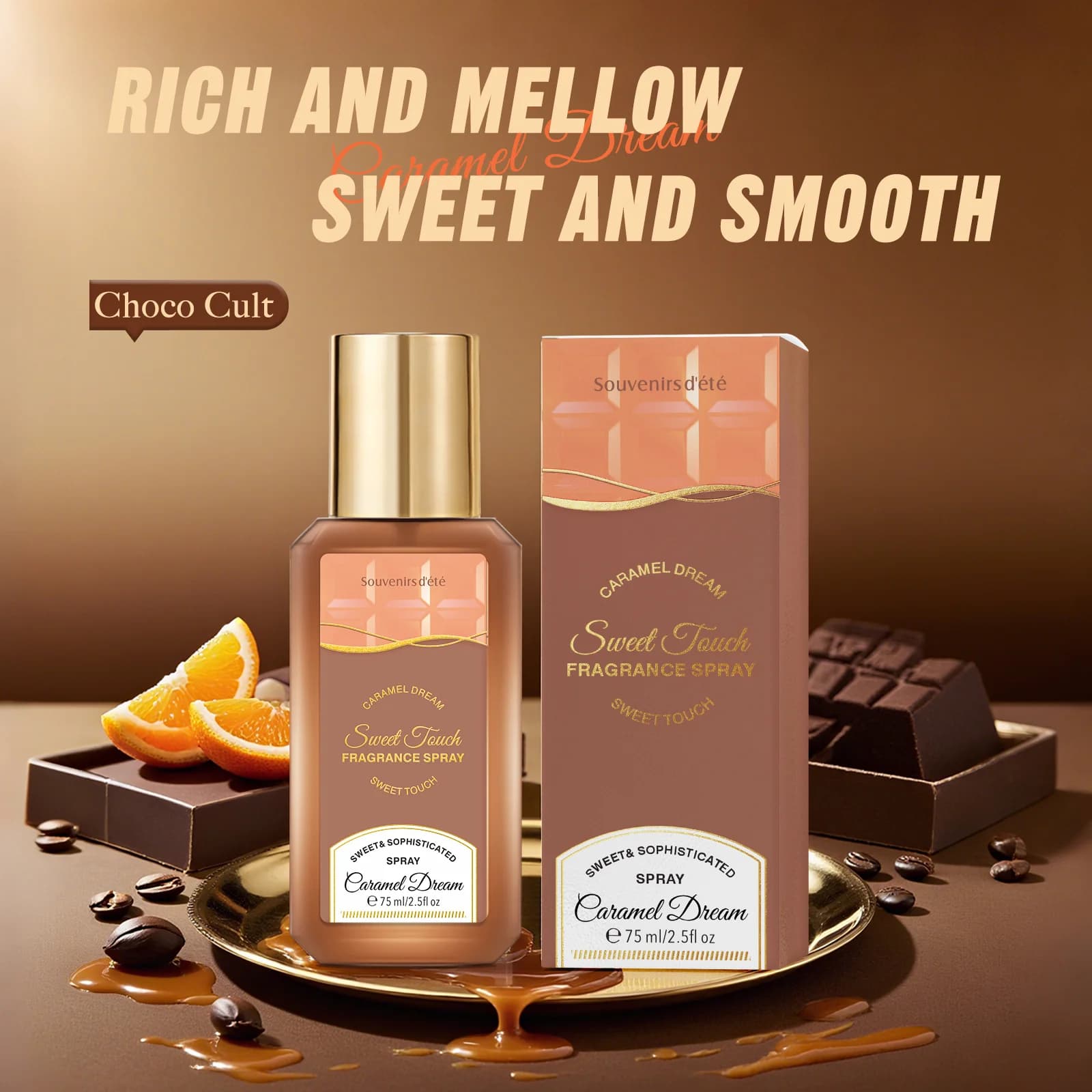 Spray parfumé Caramel Dream 75 ml, parfum longue durée, frais, floral, fruité, note gourmande, charme élégant, neutre, eau de toilette