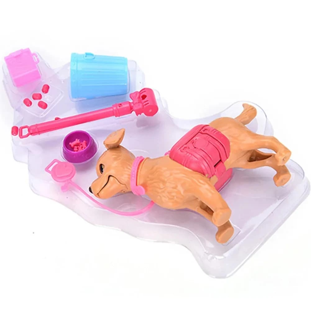 1 ensemble d'accessoires pour maison de poupée 1:6 : Mini chien en plastique + équipement pour animaux de compagnie