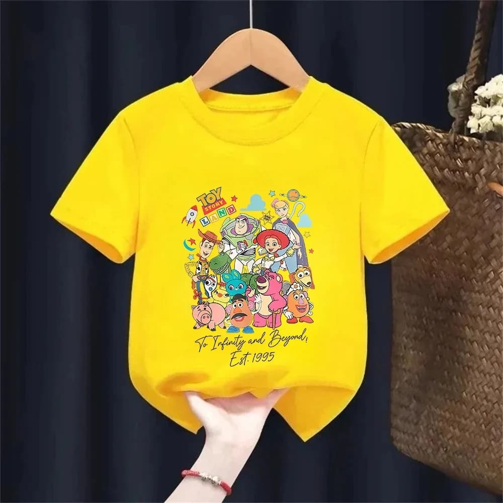T-shirt pour enfants Toy Story Land - T-shirt à manches courtes en coton avec imprimé personnages classiques pour garçons, haut décontracté d'été, cadeau pour les fans de Disney