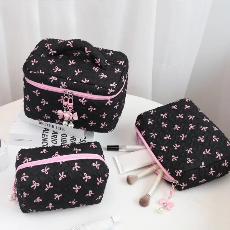 Sac de maquillage à nœud pour femmes, organisateur de cosmétiques en coton à la mode, mallette de rangement, pochette de toilette Portable et mignonne pour dames