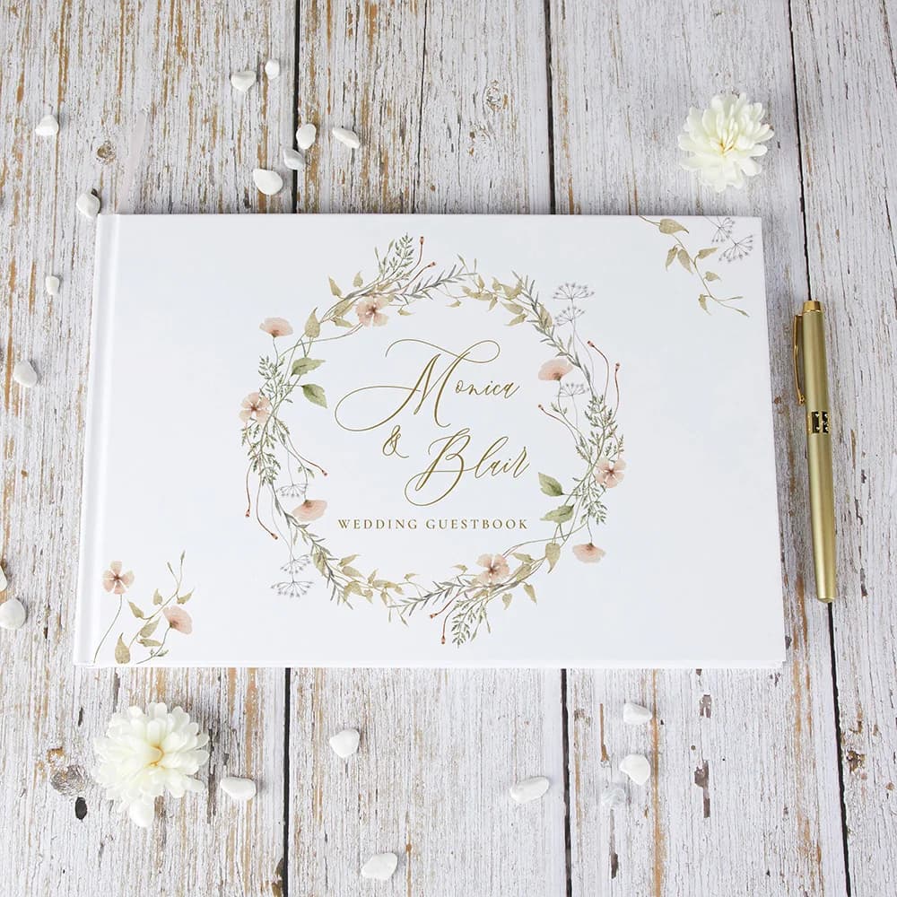 Livre d'or de mariage personnalisé avec fleurs blanches, alternative au livre d'or traditionnel pour la décoration de mariage, album de messages, album photo, cadeau de mariage