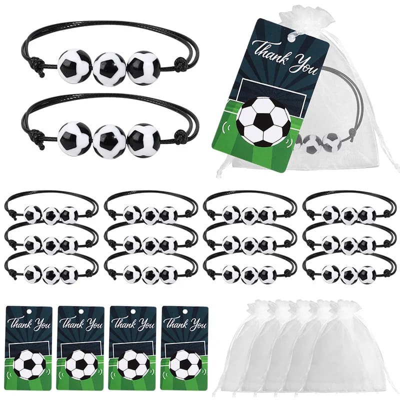 Ensemble de bracelets de football (12/24 pièces) avec carte de remerciement et sac en organza pour enfants, cadeaux pour invités de fête d'anniversaire sur le thème du football
