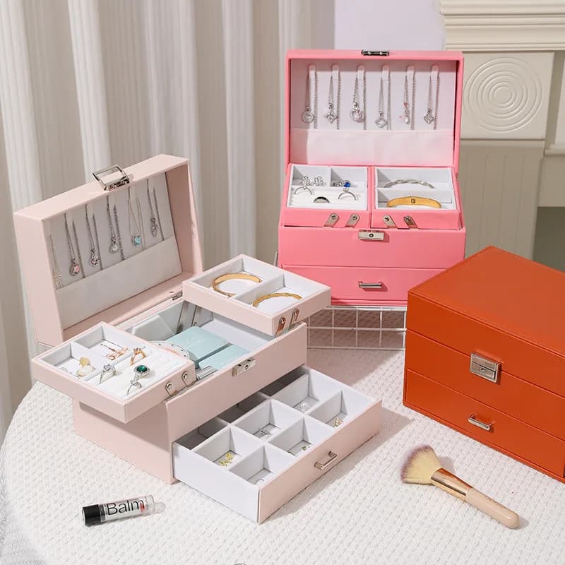 Boîte de rangement pour bijoux, grandes boîtes à bijoux pour femmes et filles, boîte de rangement pour bijoux à 3 niveaux avec tiroir, gain de place, métal mobile