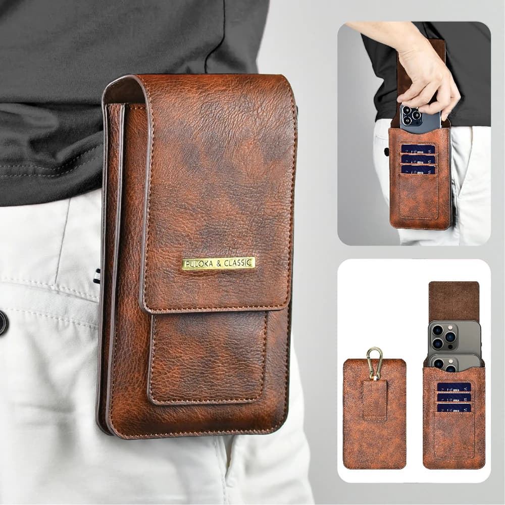 PULOKA – sac de taille rétro en cuir PU pour téléphone portable, grande capacité, haut de gamme, pochette pour deux téléphones avec boucle de suspension en métal, porte-carte