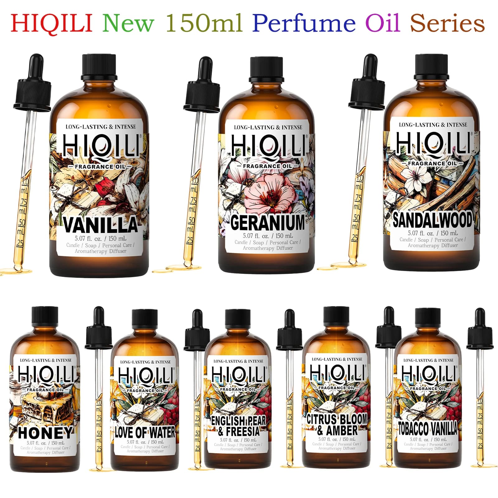 HIQILI Nouvelle série d'huiles parfumées 150 ml, 100 % naturelles et saines, adaptées pour le bricolage, les humidificateurs, les parfums de voiture, les cadeaux de fêtes