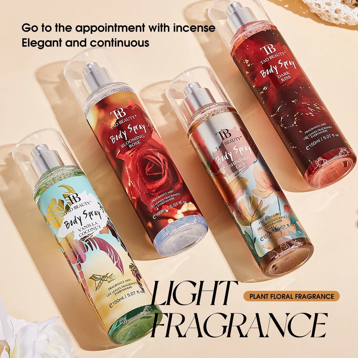 Spray parfumé pour voiture aux senteurs florales, 150 ml, longue durée, pour le corps et l'air ambiant de la voiture, 4 senteurs : Vanille, Noix de coco, Rose, Lys, Dark Kiss, Auto