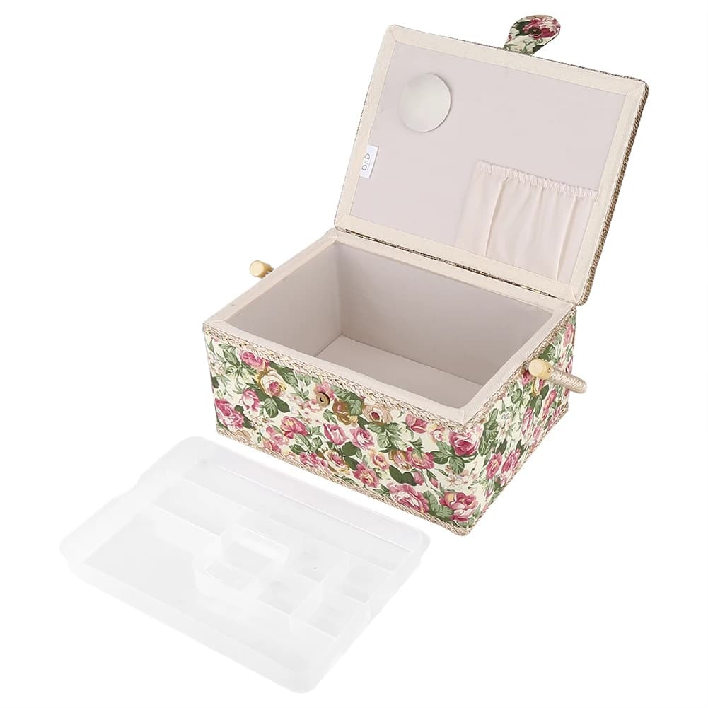 Boîte de rangement artisanale avec poignée, panier à coudre, tissu imprimé floral, ménage, divers articles