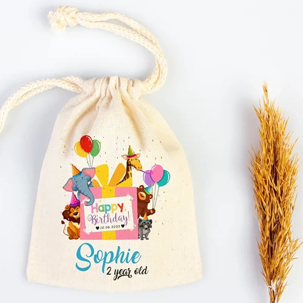 Sacs Gİft personnalisés avec animaux de dessin animé joyeux anniversaire, 5 pièces, cadeau de bienvenue pour fête, décoration de Table et accessoires pour premier anniversaire pour enfant 2 3ème