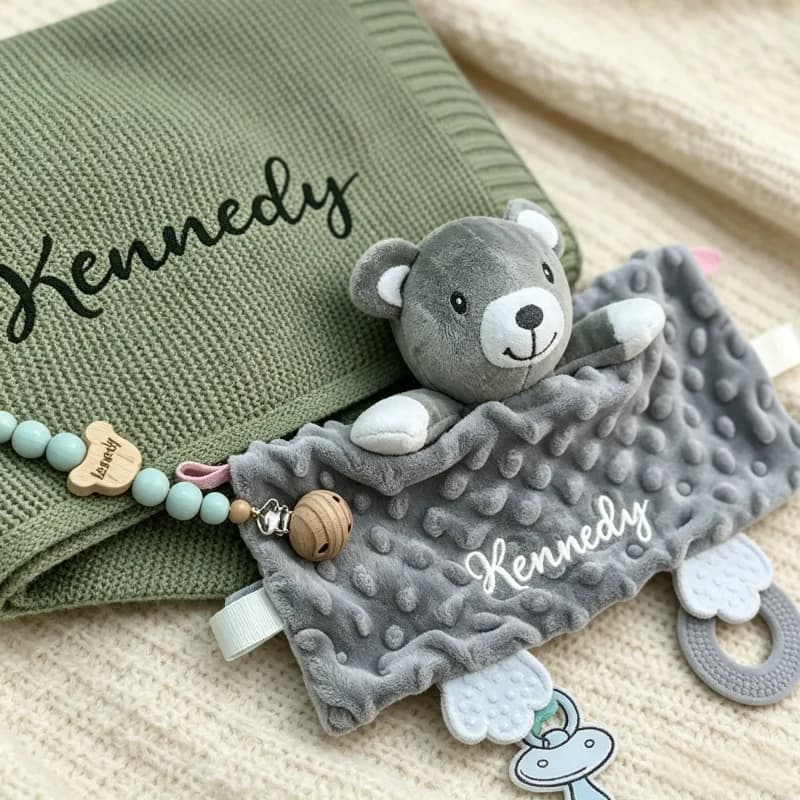 Ensemble cadeau de naissance personnalisé brodé 3 pièces : couverture d'emmaillotage en coton tricoté, doudou en minky et attache-tétine en bois souvenir