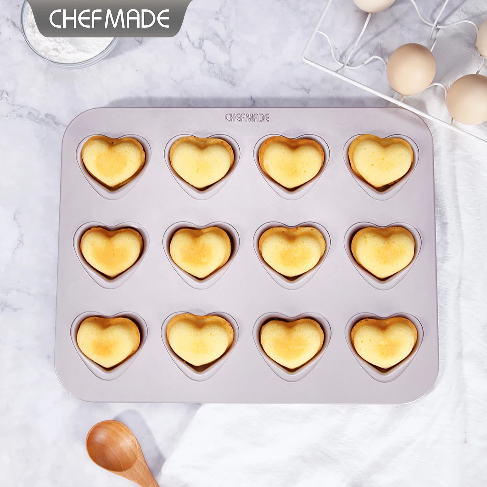 Moule à madeleines en forme de cœur, 12 cavités, plaque de cuisson antiadhésive en acier au carbone, CHEFMADE, joli moule à gâteau pour la pâtisserie à domicile