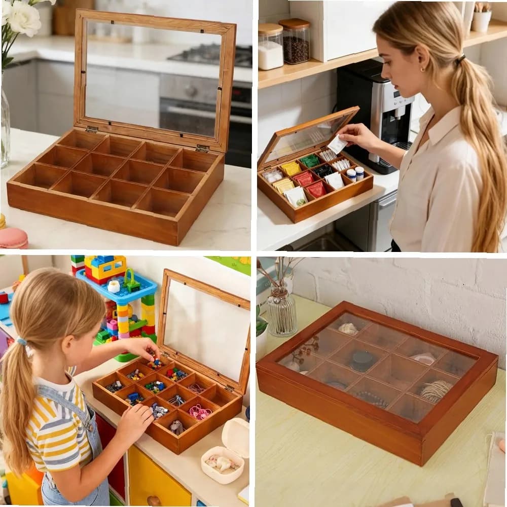 Boîte de rangement en bois à 12 compartiments pour sachets de thé avec couvercle transparent, organisateur de thé pour la maison, la cuisine, le café, le garde-manger, les sachets de collations