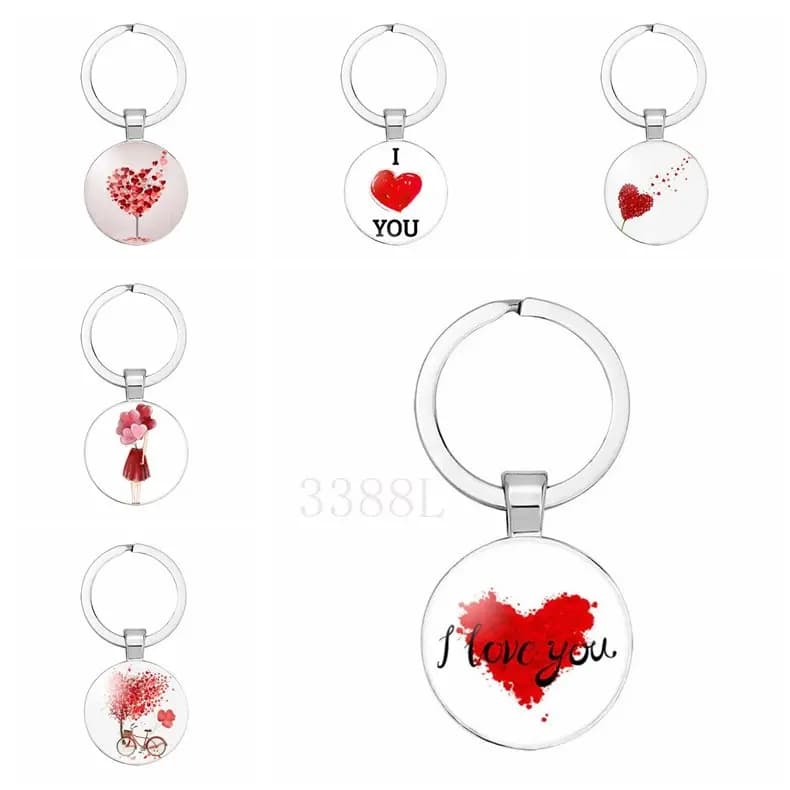 Porte-clés en alliage avec pendentif en verre, motif d'amour rouge coloré, chérie, amour pour toujours, cadeau de la fête du Léon