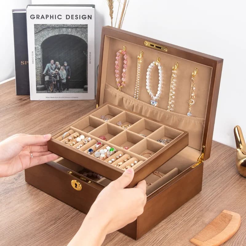 Boîte à bijoux en bois pour femmes, colliers, boucles d'oreilles, bagues, boîtes à bijoux, pendentif, supports Dispiay, séparateurs de bracelets, organisateur de rangement