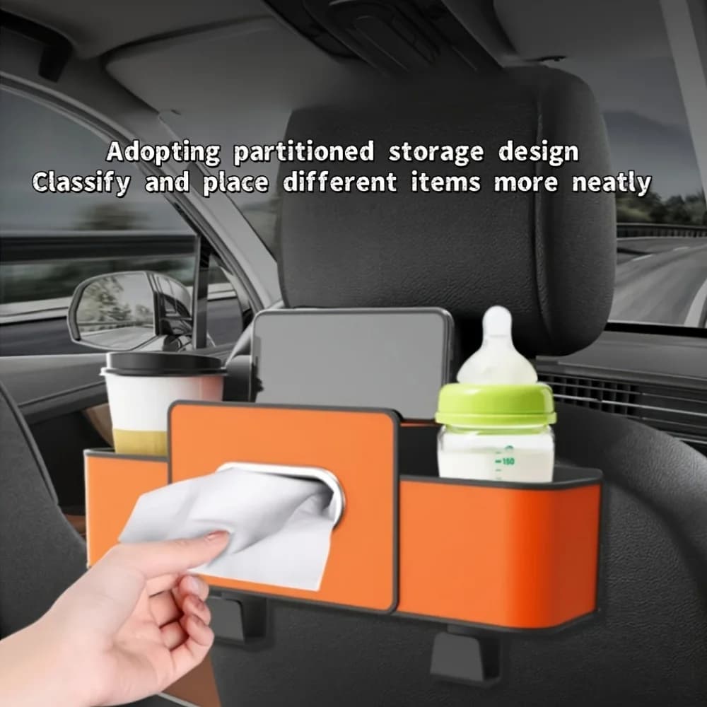 Organisateur de siège de voiture avec boîte ABS et porte-mouchoirs. Double rangement pour collations/boissons. Installation facile, résine durable pour toutes les voitures.