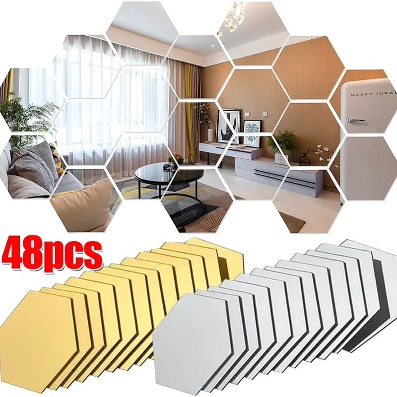 Autocollant mural miroir acrylique hexagonal, adhésif acrylique, carreaux de mosaïque or argent amovibles, décoration de maison pour chambre à coucher, salle de bains, DIY bricolage