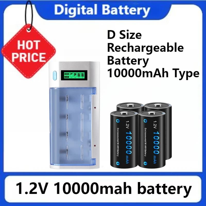 Batterie rechargeable D R20 NIMH 1,2 V LR20 format D 10000 mAh avec chargeur intelligent LCD pour piles AA AAA C D 9V