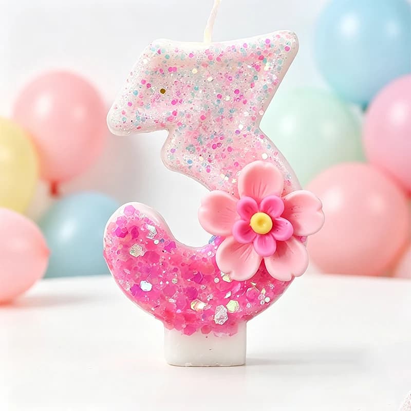 Décoration de fête, bougie en forme de chiffre, thème fleur rose pailletée pour fête d'enfants