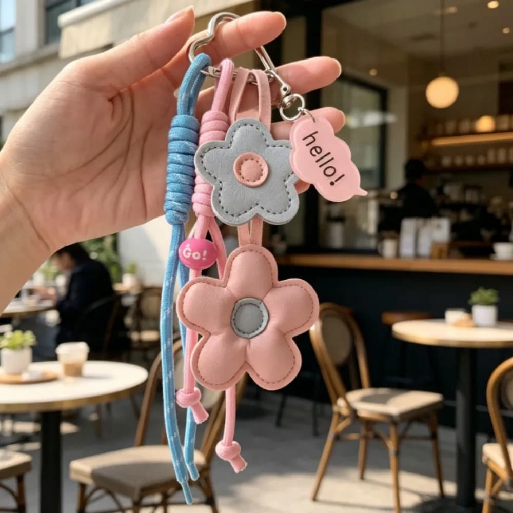 Porte-clés en cuir avec fleurs roses et bleues, cordon tressé et pendentif en acrylique, accessoire mignon pastel pour sacs et clés féminins