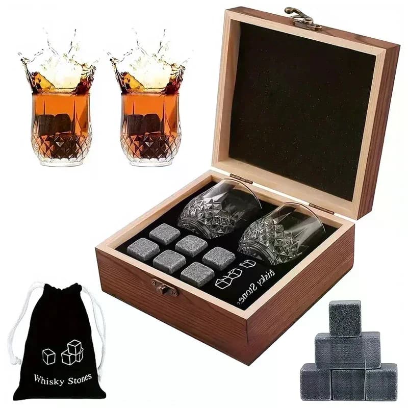 Cadeau de fête des pères pour hommes, ensemble de pierres à whisky, 8 cubes de glace en granit + 2 tasses pour whisky dans une boîte de bouteilles en bois, cadeau pour papa